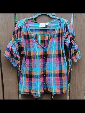 Maeve for Anthropologie Multicolor Plaid Blouse Size Small Ruched Sleeve
